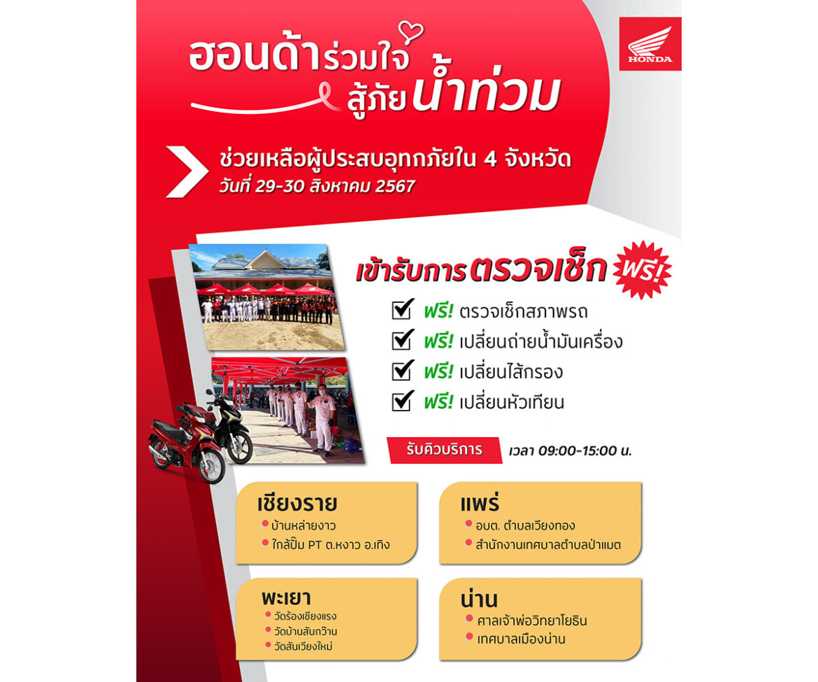 “ไทยฮอนด้าร่วมใจ สู้ภัยน้ำท่วม” เปิดบริการตรวจเช็กรถจักรยานยนต์ ฟรี